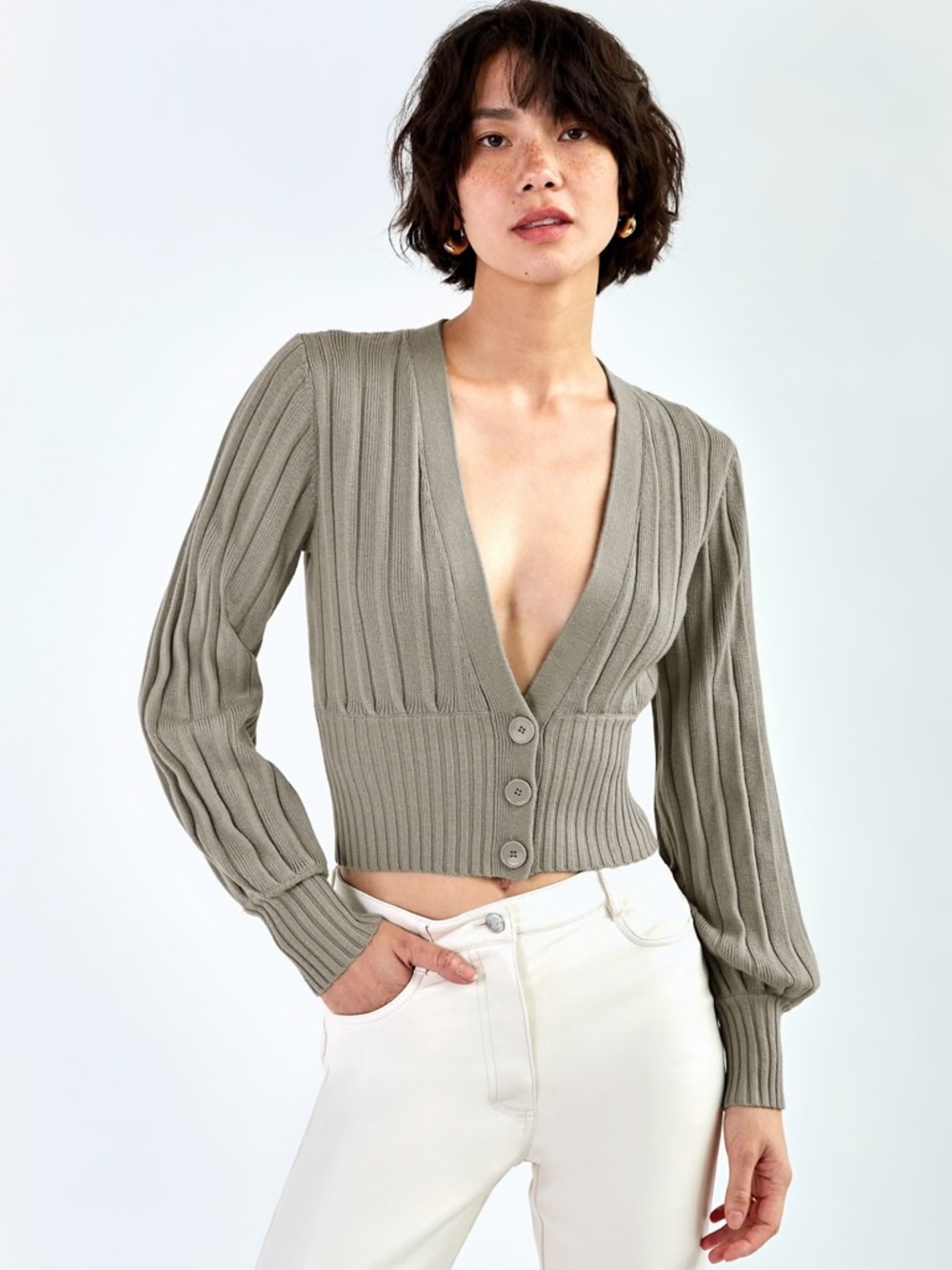 EUC Aritzia Wilfred Plunge Front Cropped Wool/Cotton Cardigan in Dusky Green